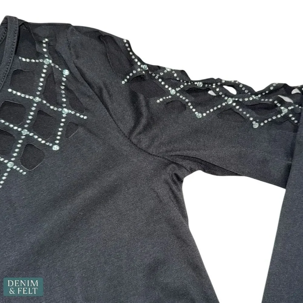 NEW Black Lattice Cutout Long Sleeve Top Edgy Chic Stretchy Crisscross Small - Picture 9 of 13